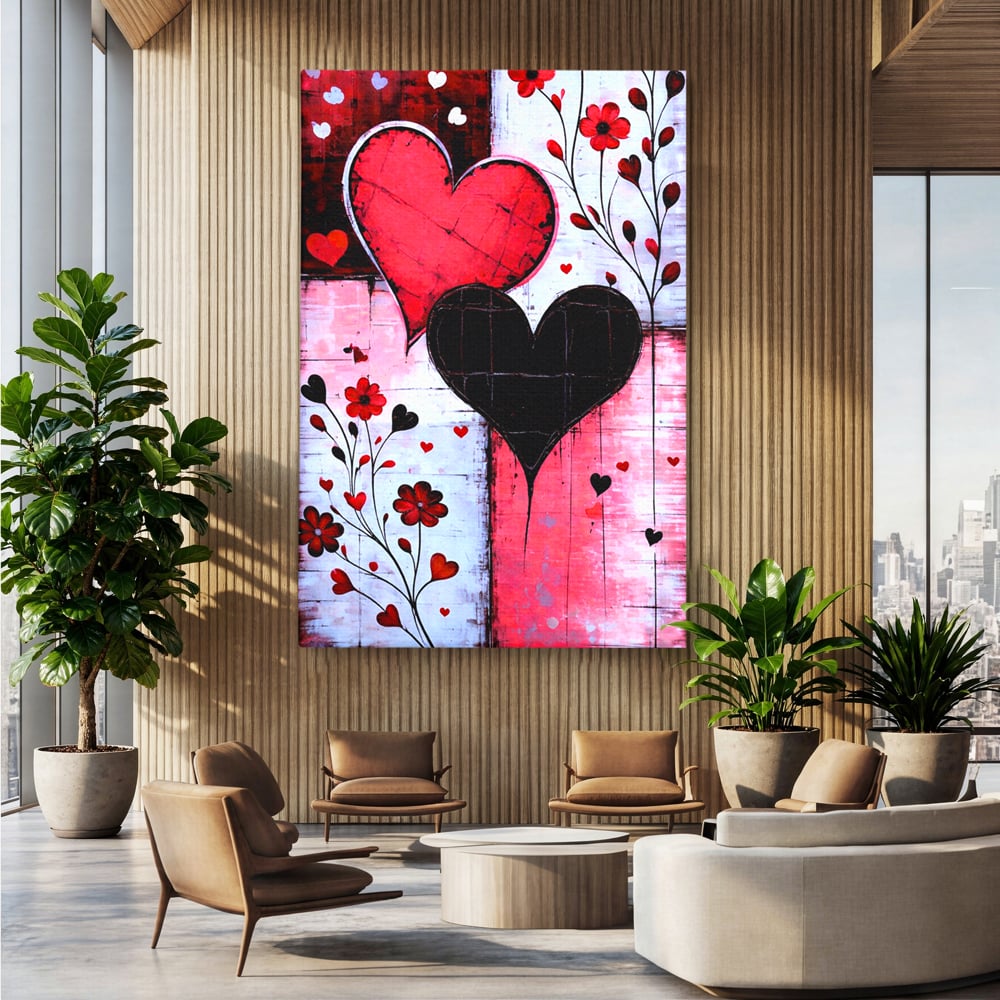 Tablou canvas cu tablou canvas cu inimi si flori, fara rama, pe sasiu de lemn, pe perete intr-un birou